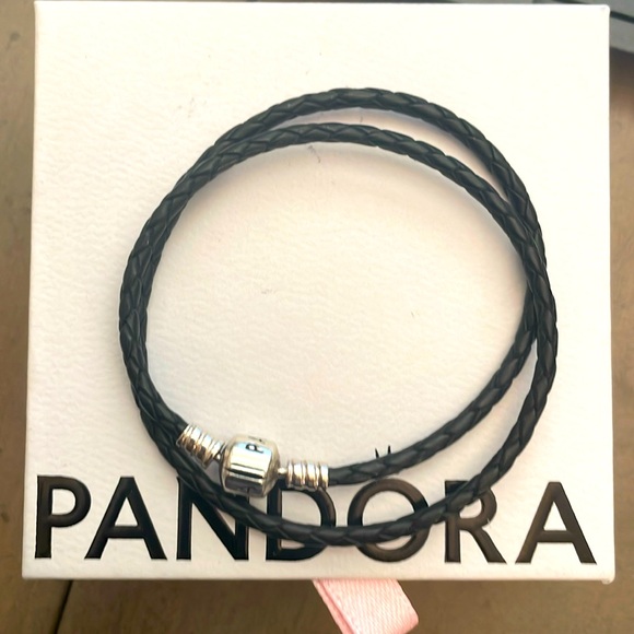 Pandora Jewelry - Authentic Pandora black leather double wrap Moments bracelet fits sz 7-7.5”